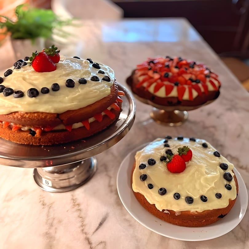 Three Brazilian cakes with white frosting, blueberries, and strawberries on a marble surface.