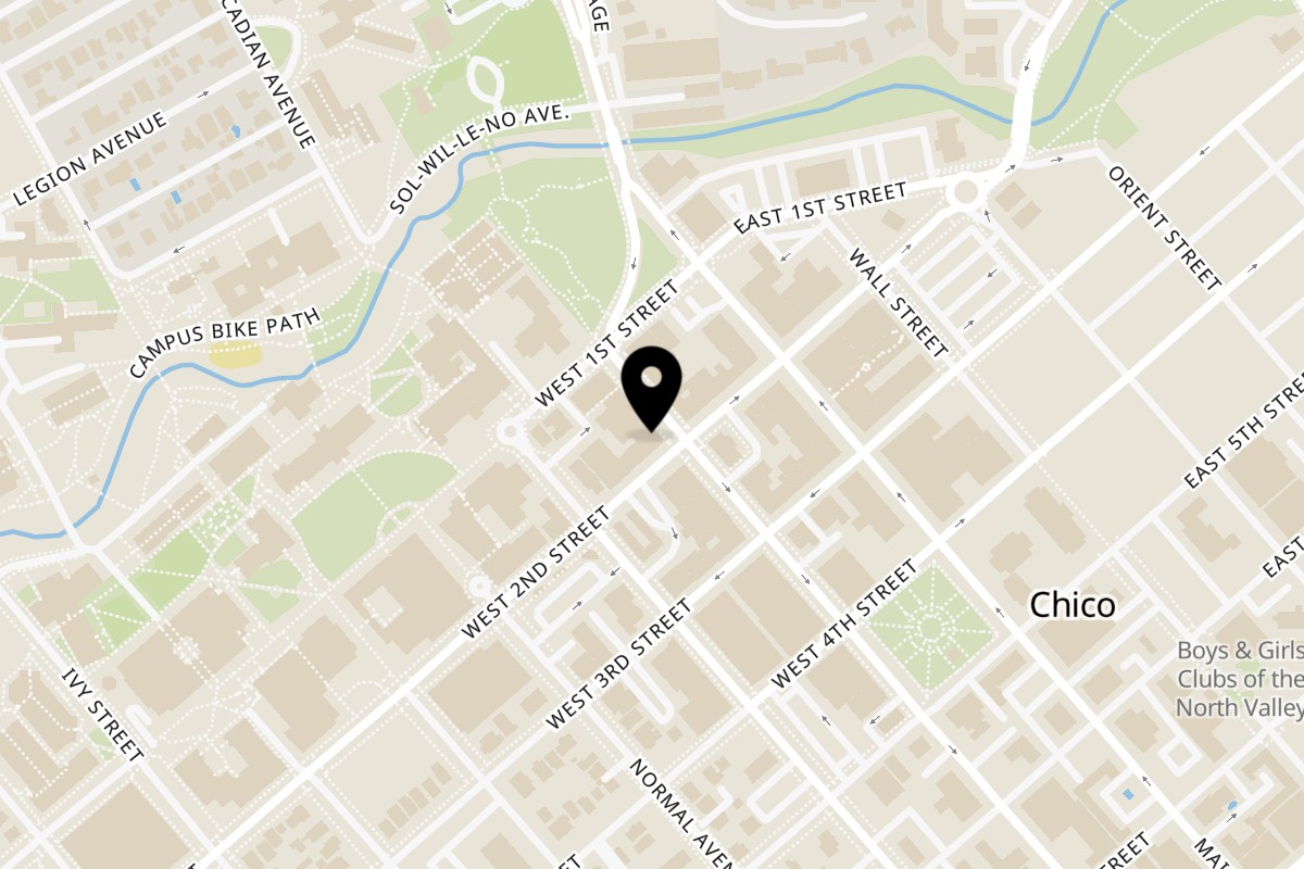 Map showing the location of Lili's Brazilian Bistro on 140 Broadway St #142 in Chico